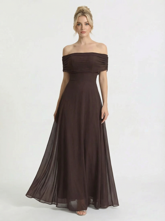 Off Shoulder Flowing Chiffon Maxi Dress